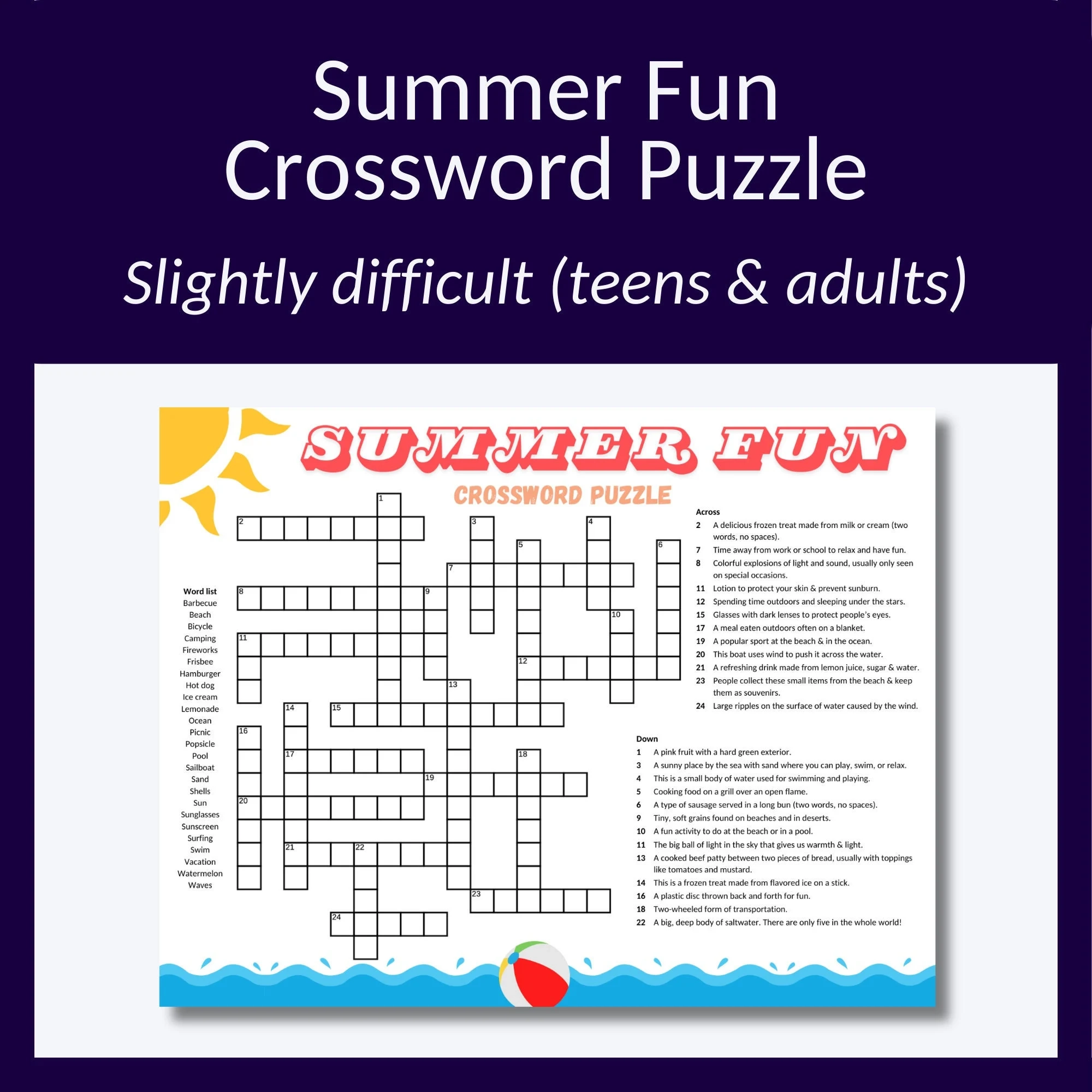 Summer Crossword Puzzle Perfect Cross Word Puzzle For End of year Parties Barbecues Family Reunion Game Or Just For Fun Ages 10 Etsy