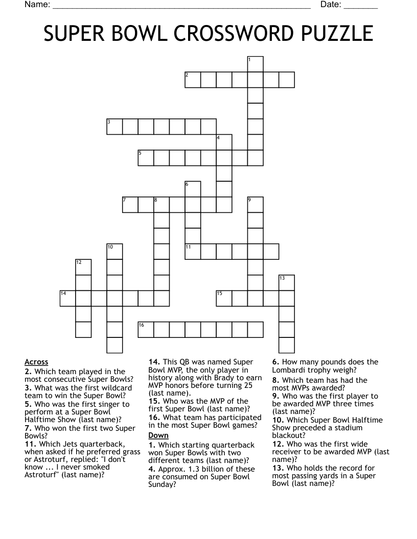 SUPER BOWL CROSSWORD PUZZLE WordMint SUPER BOWL CROSSWORD PUZZLE WordMint