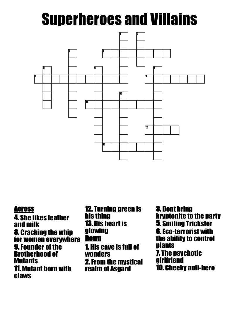 Superheroes And Villains Crossword WordMint