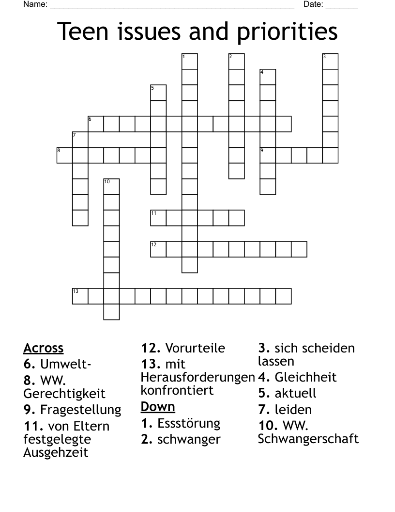 Teen Issues And Priorities Crossword WordMint Teen Issues And Priorities Crossword WordMint