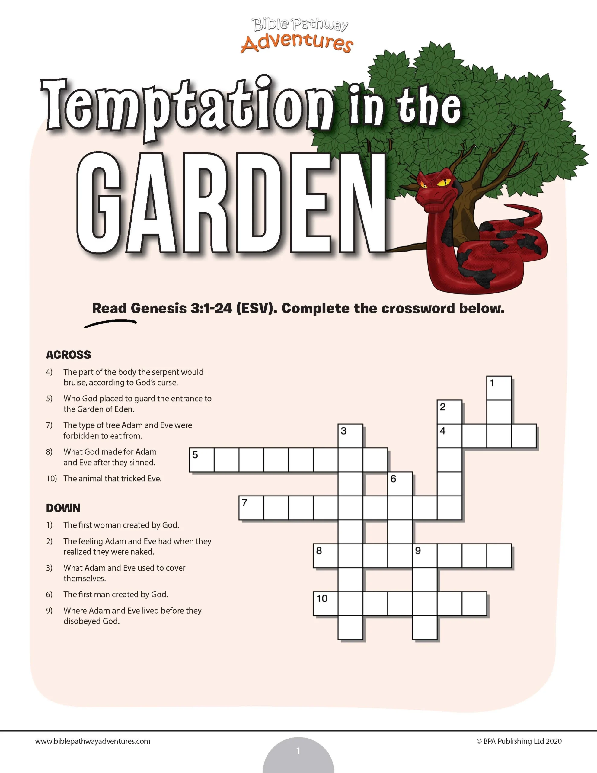 Temptation In The Garden Crossword Puzzle PDF Bible Pathway Adventures