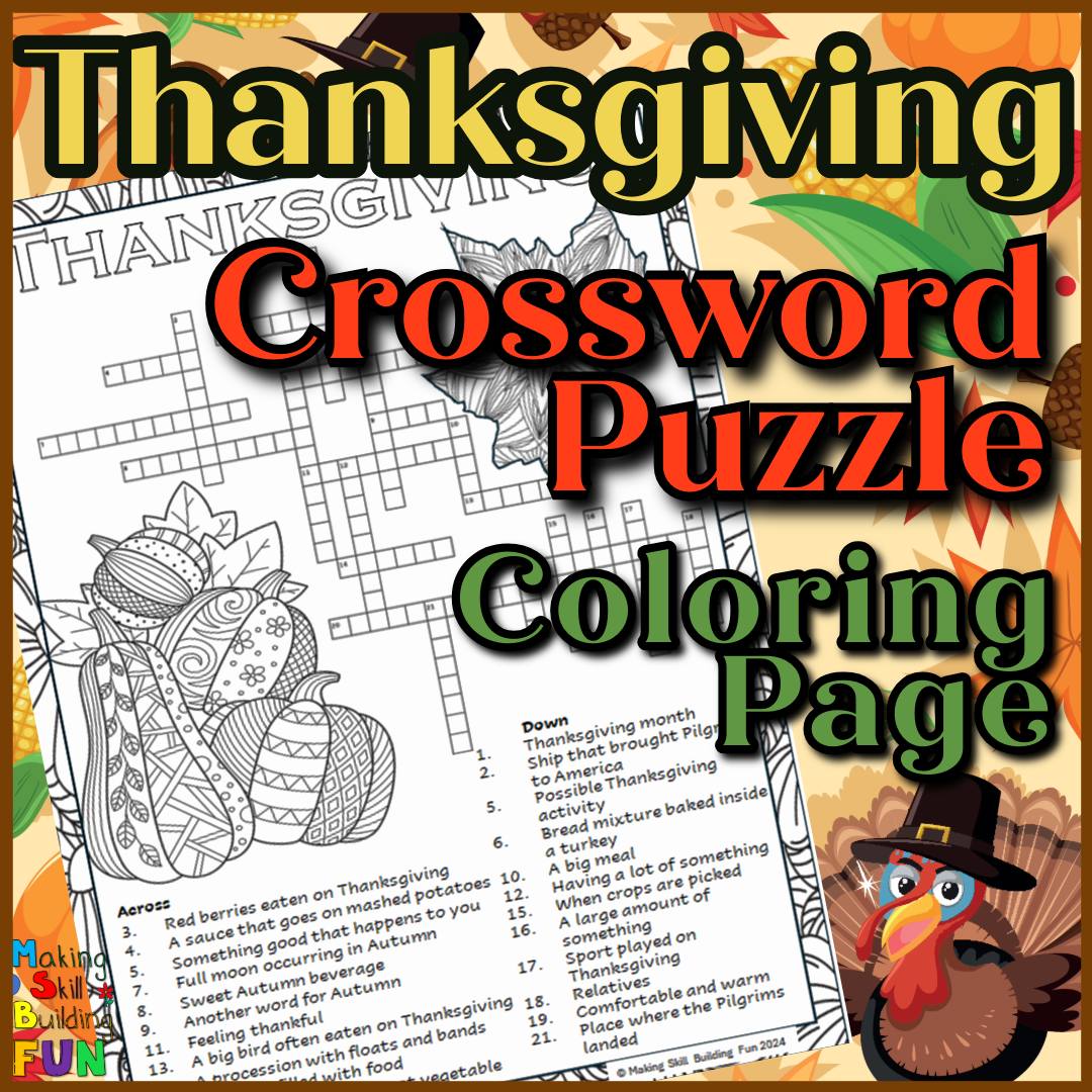 Thanksgiving Crossword Puzzle Coloring Page With Word Bank Printable Digital 3rd Grade 4th Grade 5th Grade Classful