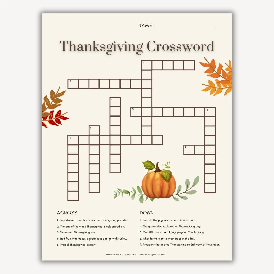 Thanksgiving Printable Crossword Puzzles Thanksgiving Printable Crossword Puzzles