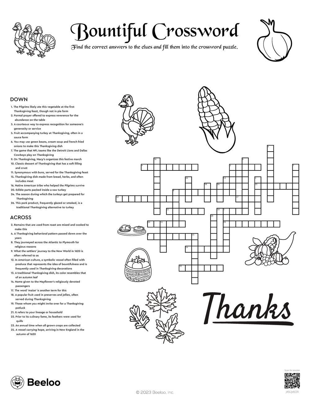 Thanksgiving themed Crossword Puzzles Beeloo Printable Crafts And Activities For Kids