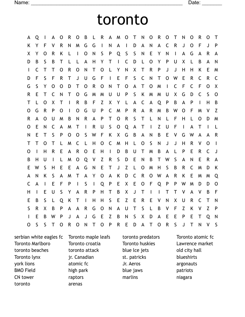 Toronto Word Search WordMint Toronto Word Search WordMint