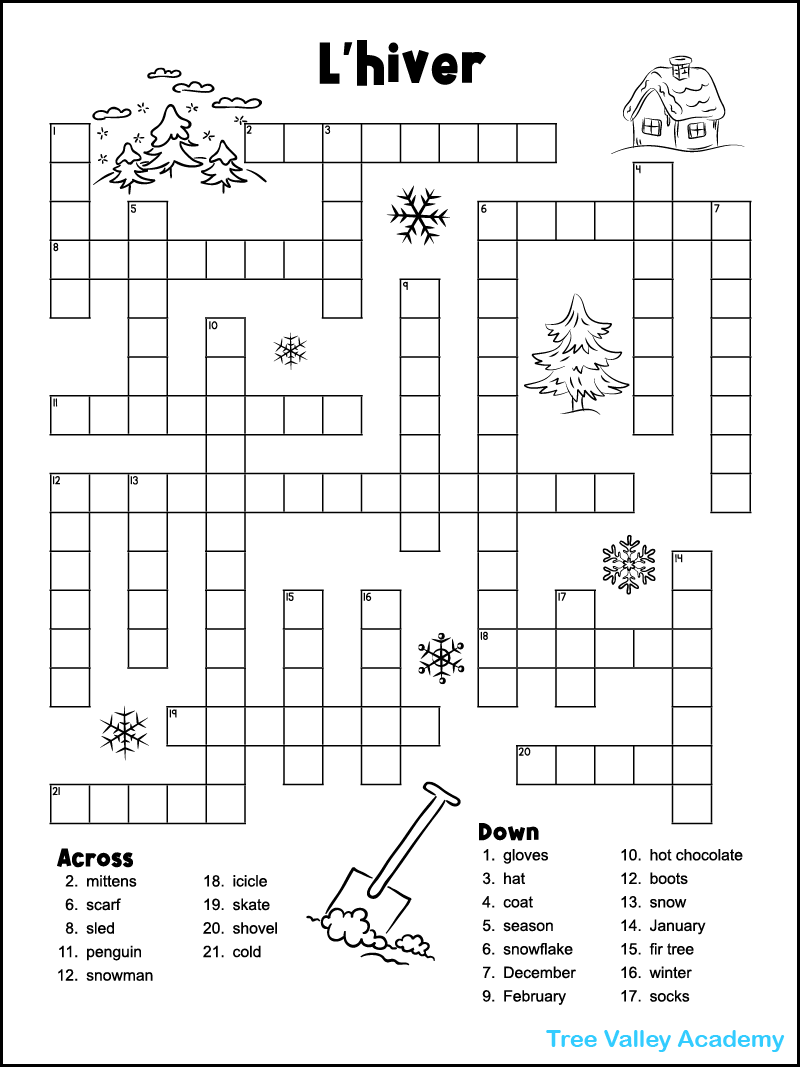 Tree Valley Academy X Free Printable Winter Themed Crossword Puzzle To Help Beginner Or Intermediate Level Students To Build Their French Vocabulary The 23 Clues Are In English And The Answers Tree Valley Academy X Free Printable Winter Themed Crossword Puzzle To Help Beginner Or Intermediate Level Students To Build Their French Vocabulary The 23 Clues Are In English And The Answers