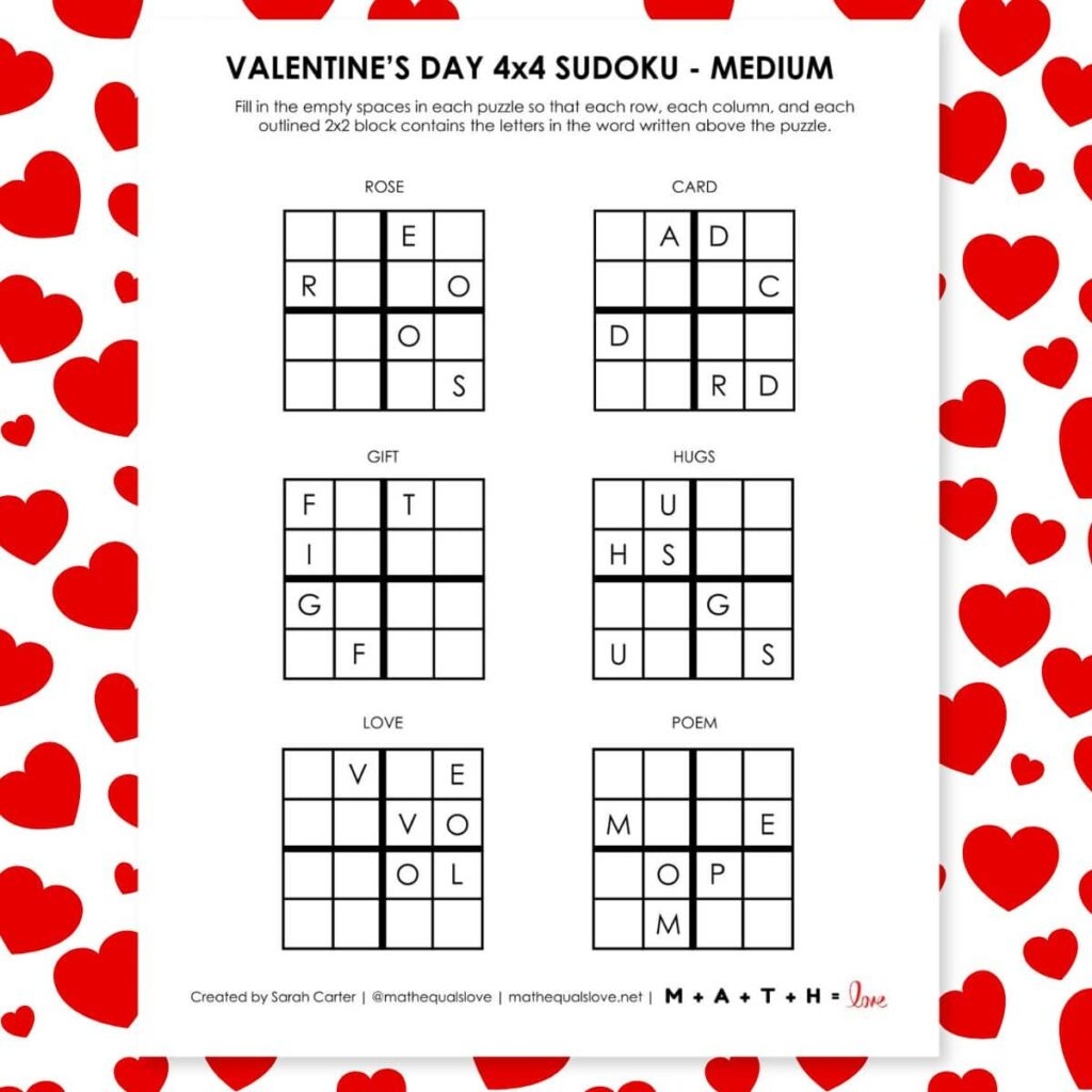 Valentines Sudoku 4 4 Puzzles With Words Math Love Valentines Sudoku 4 4 Puzzles With Words Math Love