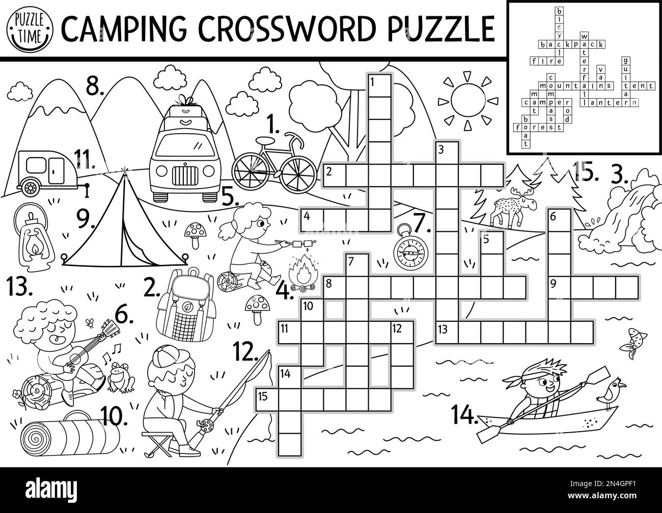 Vector Black And White Camping Crossword Puzzle Simple Forest Summer Camp Outline Quiz For Children Educational Activity With Kids Fishing Hiking Stock Vector Image Art Alamy Vector Black And White Camping Crossword Puzzle Simple Forest Summer Camp Outline Quiz For Children Educational Activity With Kids Fishing Hiking Stock Vector Image Art Alamy