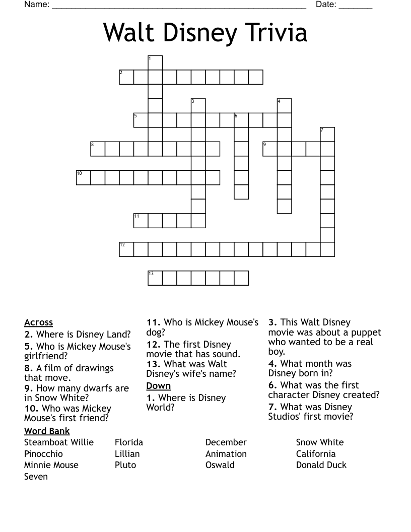 Walt Disney Trivia Crossword WordMint Walt Disney Trivia Crossword WordMint