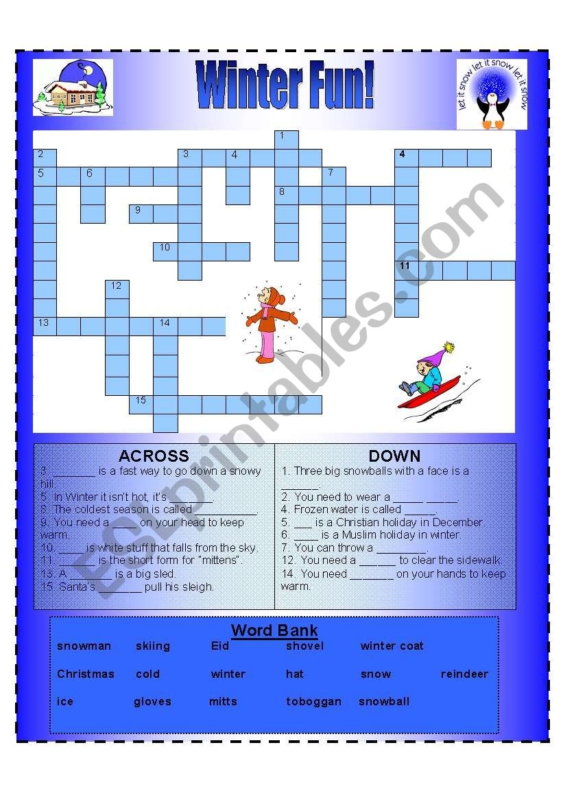Winter Crossword Puzzles Printable Winter Crossword Puzzles Printable