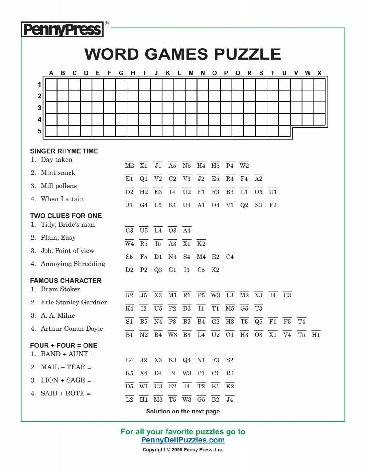 Word Games Puzzle PennyDellPuzzles Word Games Puzzle PennyDellPuzzles