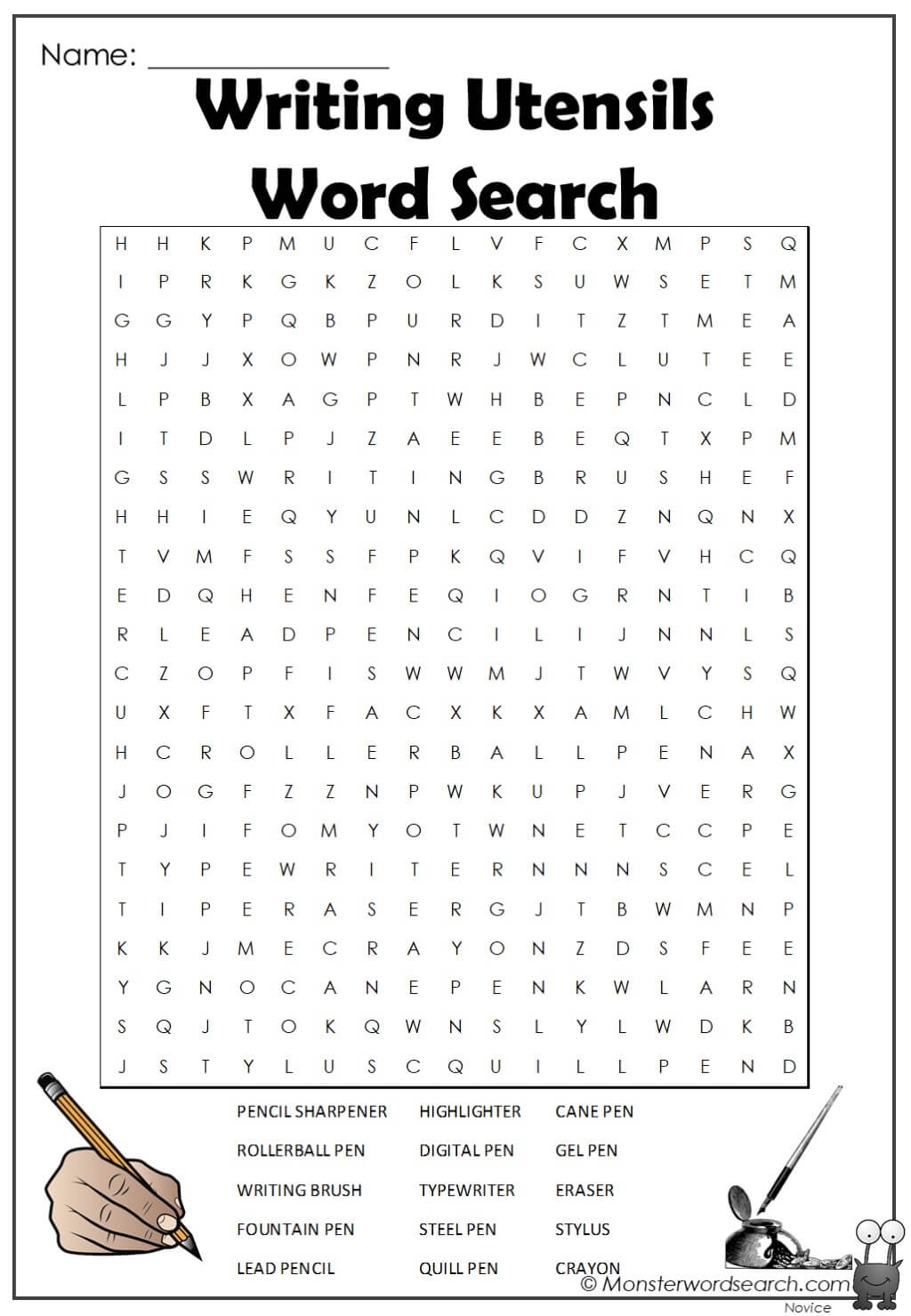 Writing Utensils Word Search Monster Word Search Writing Utensils Word Search Monster Word Search