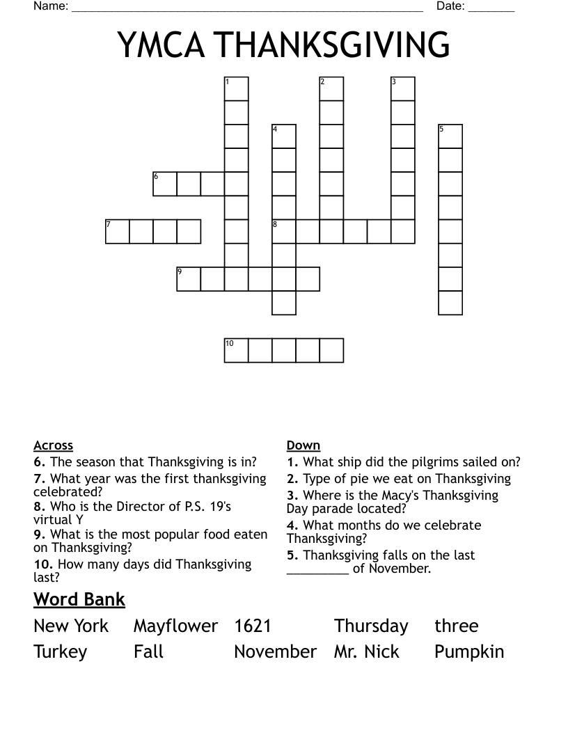 YMCA THANKSGIVING Crossword WordMint YMCA THANKSGIVING Crossword WordMint